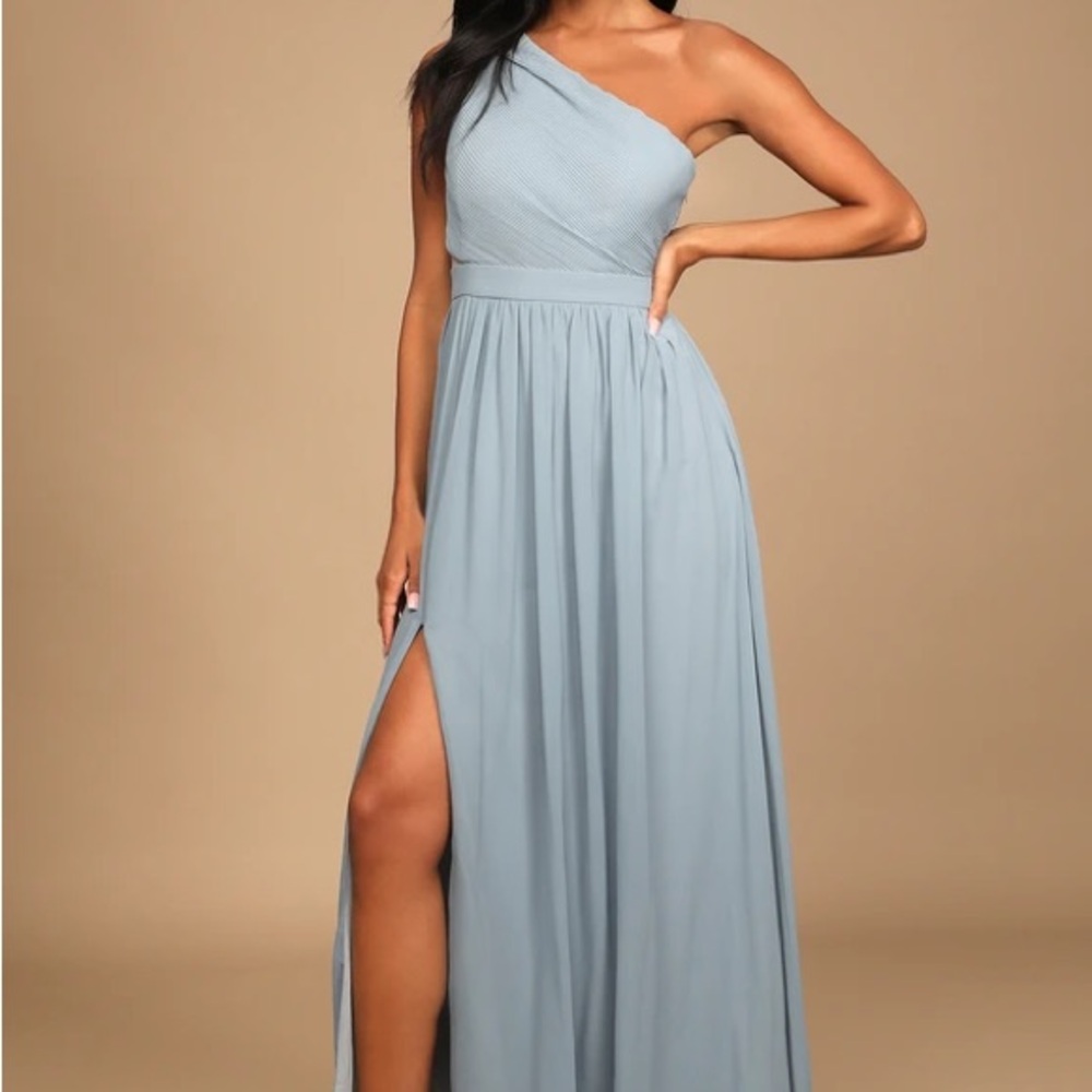 Lulu’s Dusty Blue One-Shoulder Dress